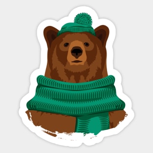 Brown bear in green hat and scarf Sticker